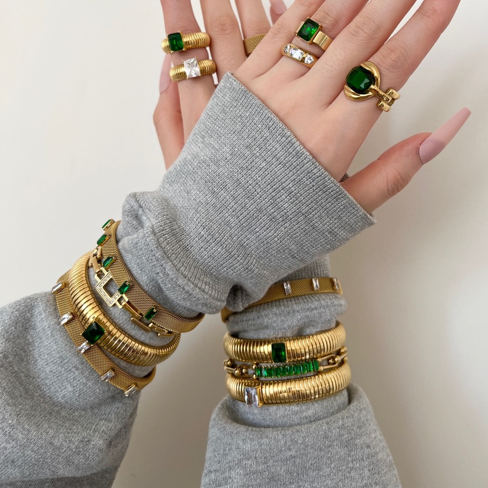 18k Gold Plated Over Stainless Steel Bangle - Emerald - Picture 5 of 5